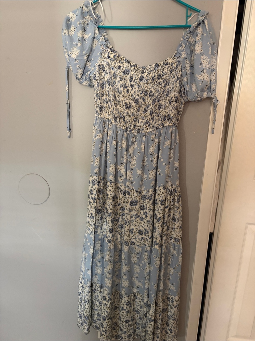 Blu Pepper Light Blue Floral Smocked Maxi Dress